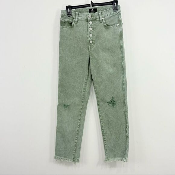 7 for All Mankind Green Fade Hight Waist Cropped Straight Distressed Jeans - Picture 1 of 16